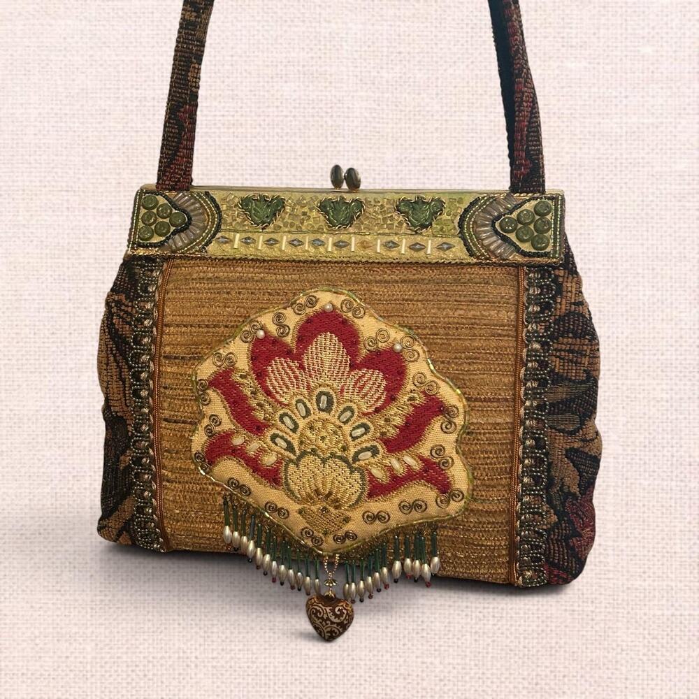 Mary Frances Beaded Floral Tapestry Kiss Lock Frame Bag Boho Embellished Bag